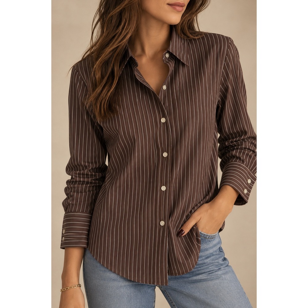 Lauren Ralph Lauren Petite Brown Pinstripe Button Down Shirt Cotton Size PL